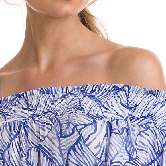 Vineyard Vines Size 2 Blue White Hi Lo Silk Maxi Dress Off The Shoulder - Picture 12 of 13